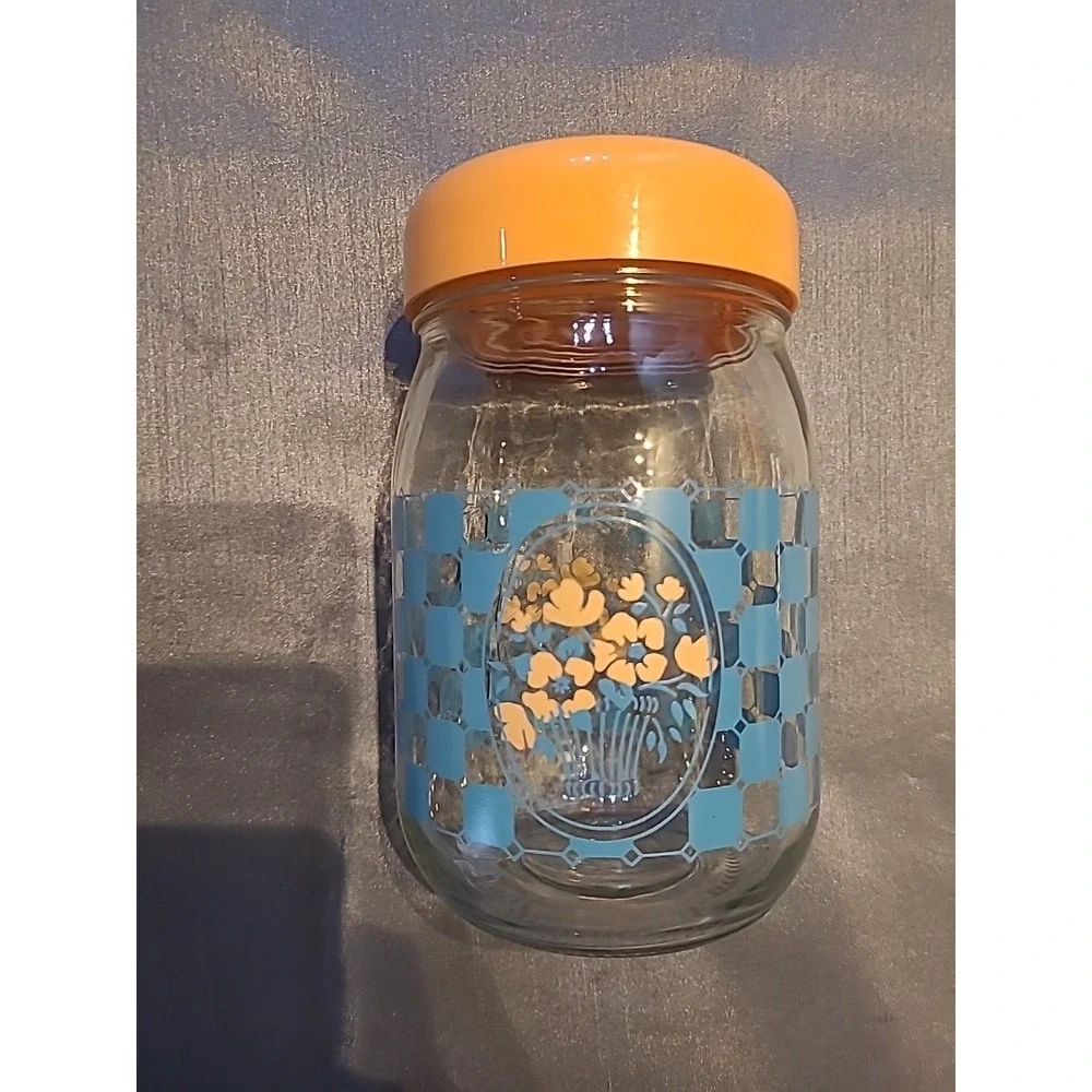 Vintage Carlton Glass Jar With Blue Checkered Pattern And Floral Design‎